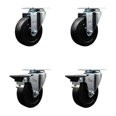 Service Caster 4'' Soft Rubber Wheel Swivel Top Plate Caster Set with 2 Posi Brakes, 4PK SCC-20S414-SRS-2-PLB-2